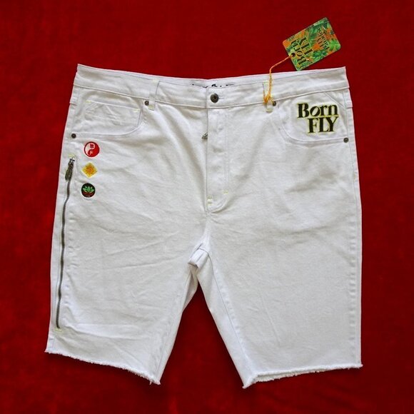 Born Fly Paradise Shorts Men's Size 42 White Denim Embroidery - Picture 1 of 9